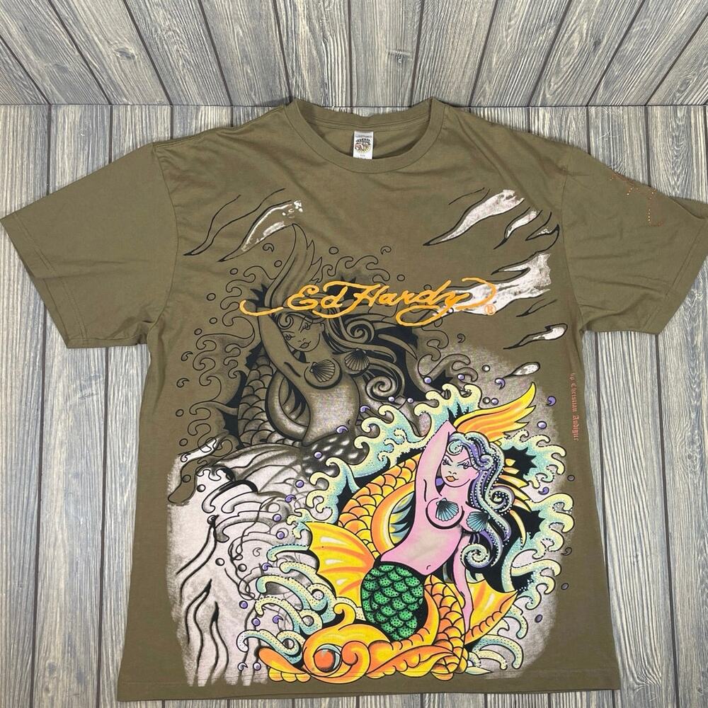 Ed Hardy Christian Audigier Mermaid Cotton TShirt Green 3XL Vintage Y2K Designer
